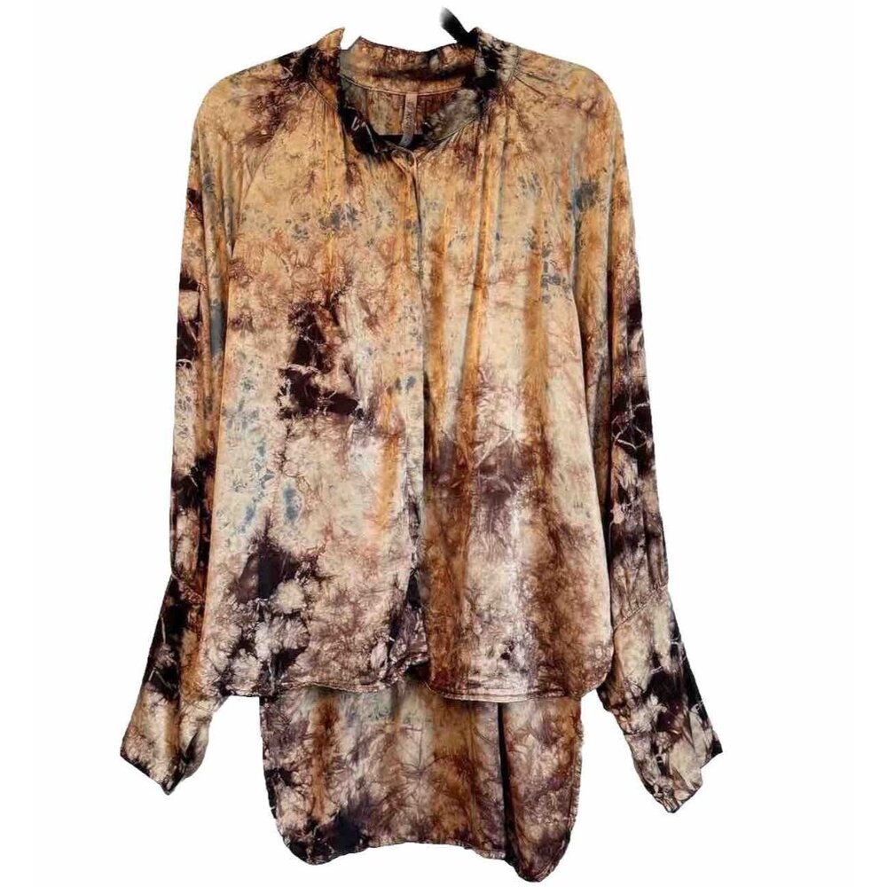 XCVI Women’s Ayro Wash Tunic Top Large Marble Long Sleeve Boho Grunge Earthy
